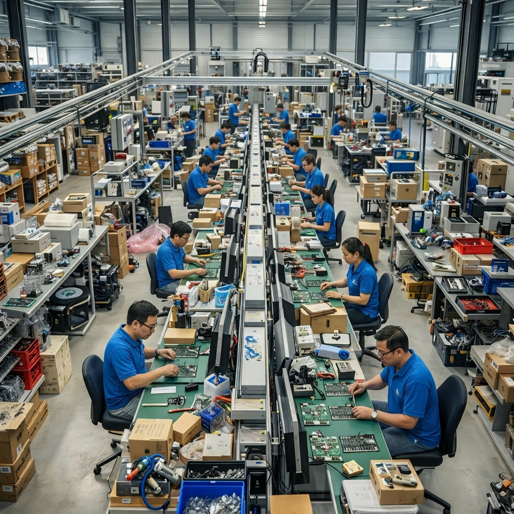 Factory workers assembling circuit boards on a conveyor belt